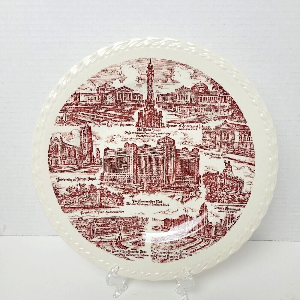 Vtg 10.5" Chicago Collectors Plate-Vernon Kilns-Off White Burgundy-Historic Date
